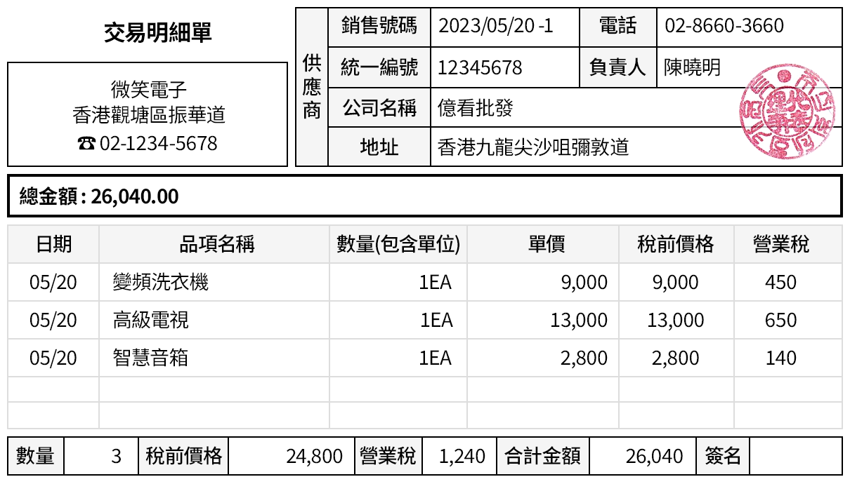 交易明細單預設格式