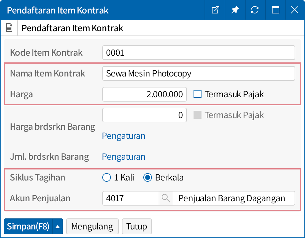 Pendaftaran Item Kontrak