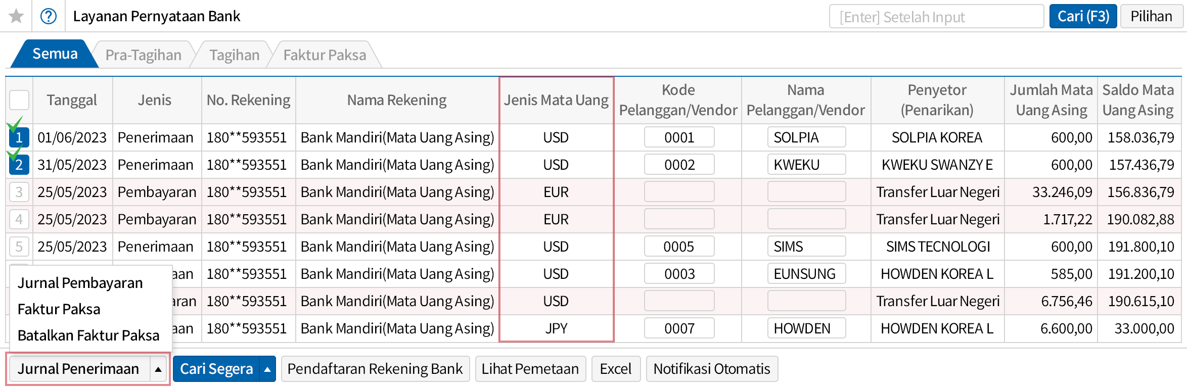 Penginputan Detail Transaksi Mata Uang Asing