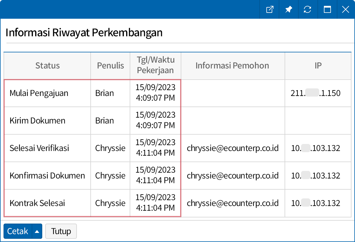 Periksa riwayat kontrak