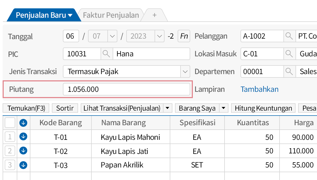 Tambahkan Kolom Piutang di Slip Penjualan