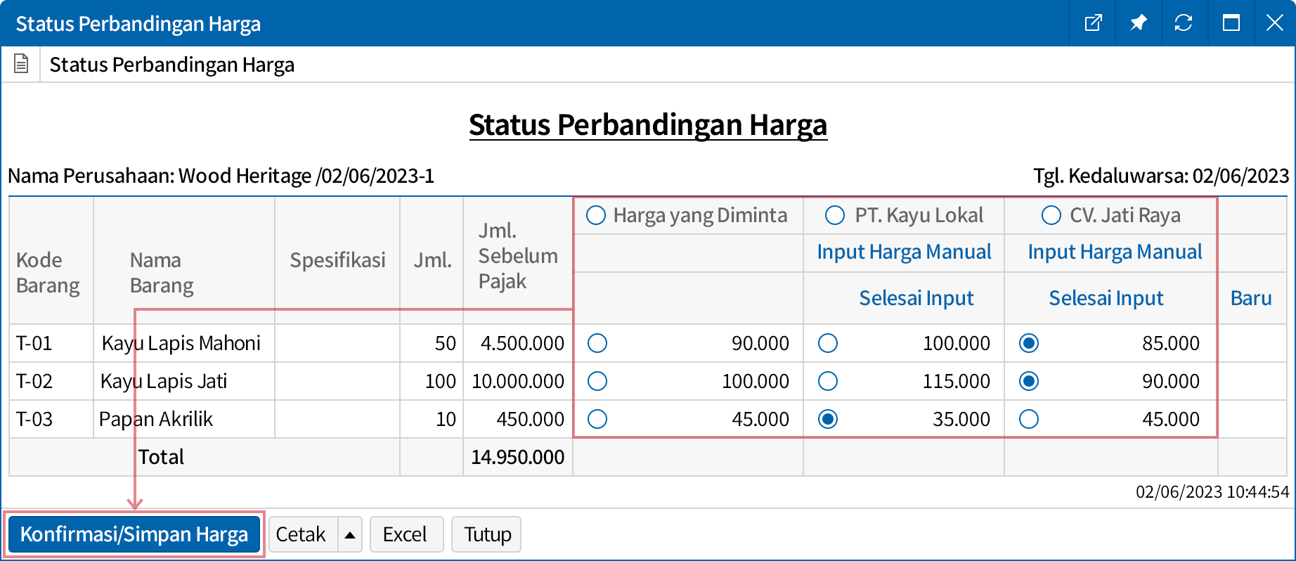 Perbandingan Harga Penawaran dari Tiap Vendor