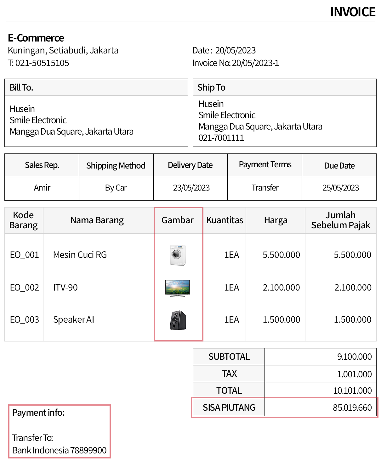 Ditambahkan Kolom Piutang, No. Rekening, dan Gambar