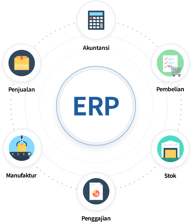 Program ERP pada dasarnya adalah penggabungan dari beberapa modul ke dalam satu sistem. Secara umum, modul-modul yang tersedia dalam satu sistem ERP meliputi stok, pembelian, penjualan, manufaktur, penggajian, akuntansi.