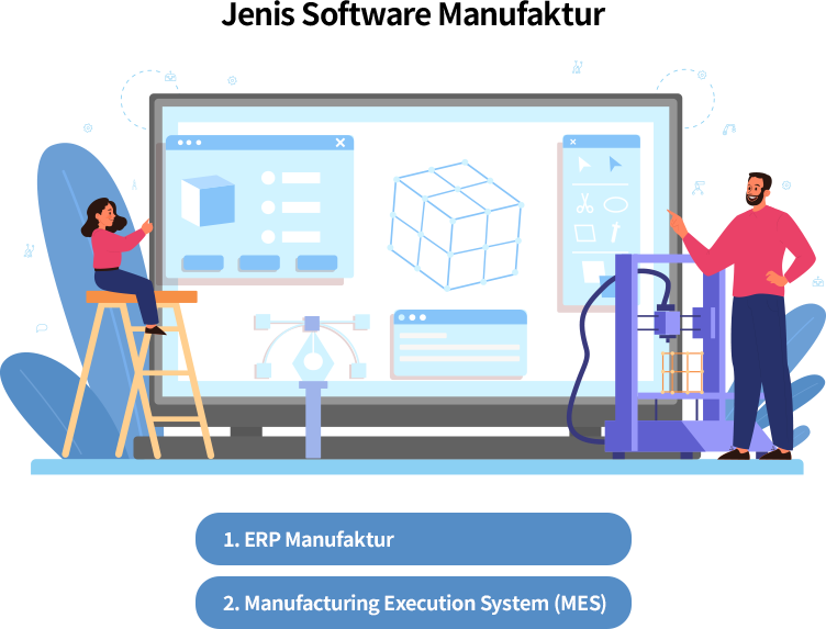 Software manufaktur terbagi menjadi 2 jenis; 1. Software Manufaktur ERP 2. Manufacturing Execution System (MES).