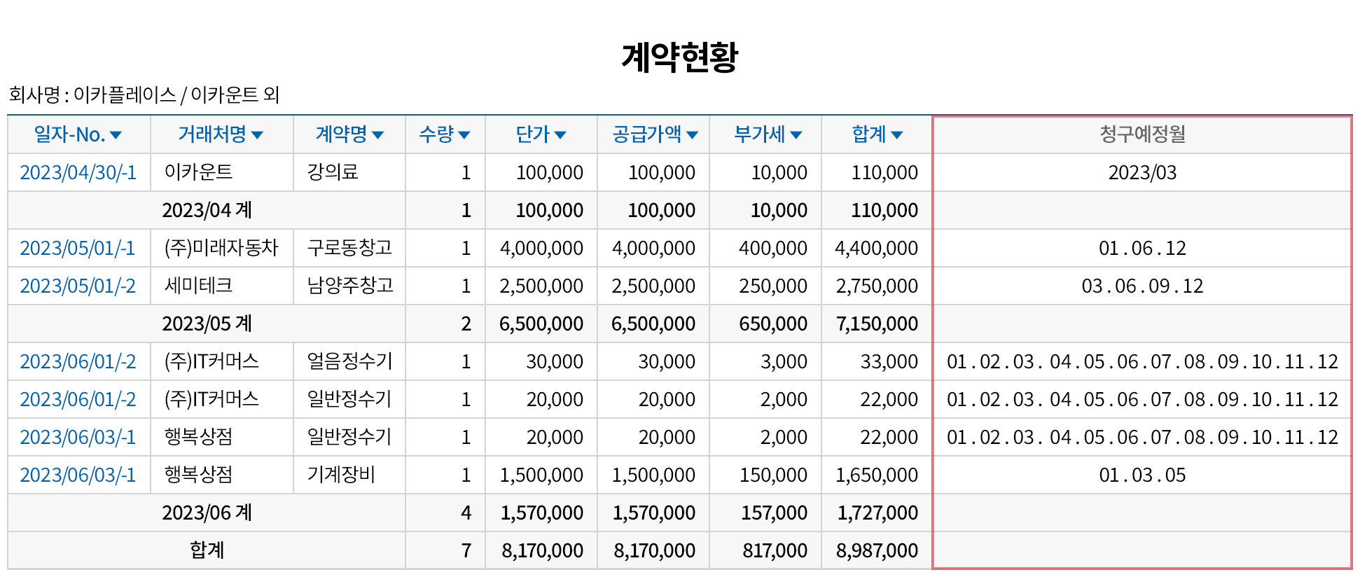 정기적으로 청구하는 계약