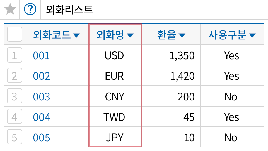 외화 종류를 제한 없이 등록