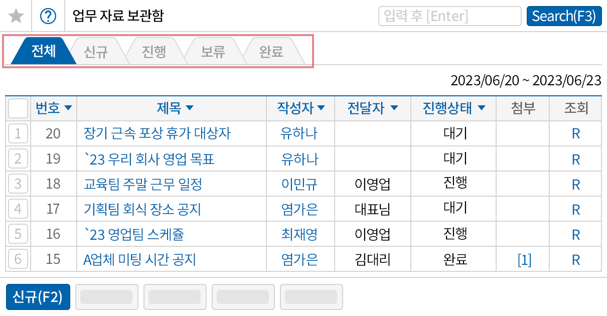 진행 단계별 업무 조회