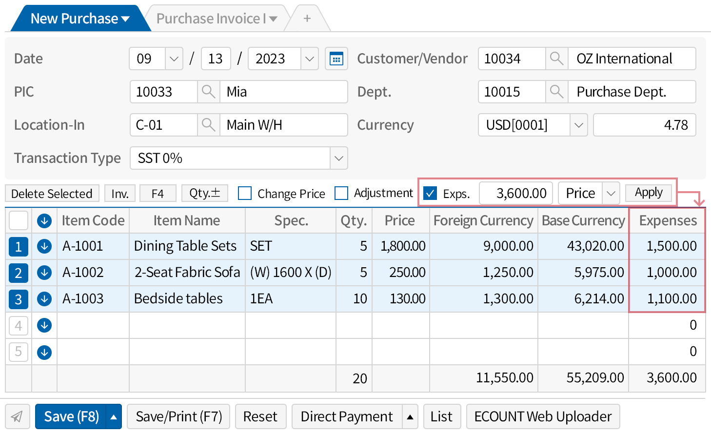 Reflect import/export expenses in the cost