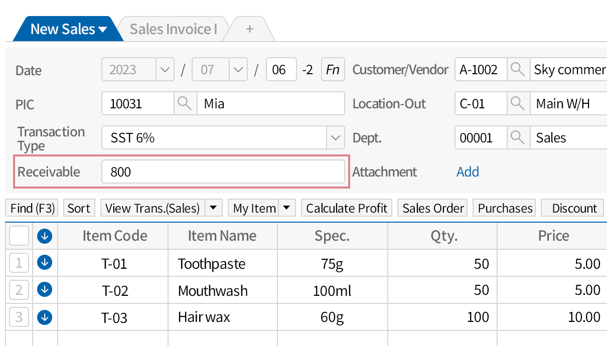 Add the receivable information on the sales input screen.