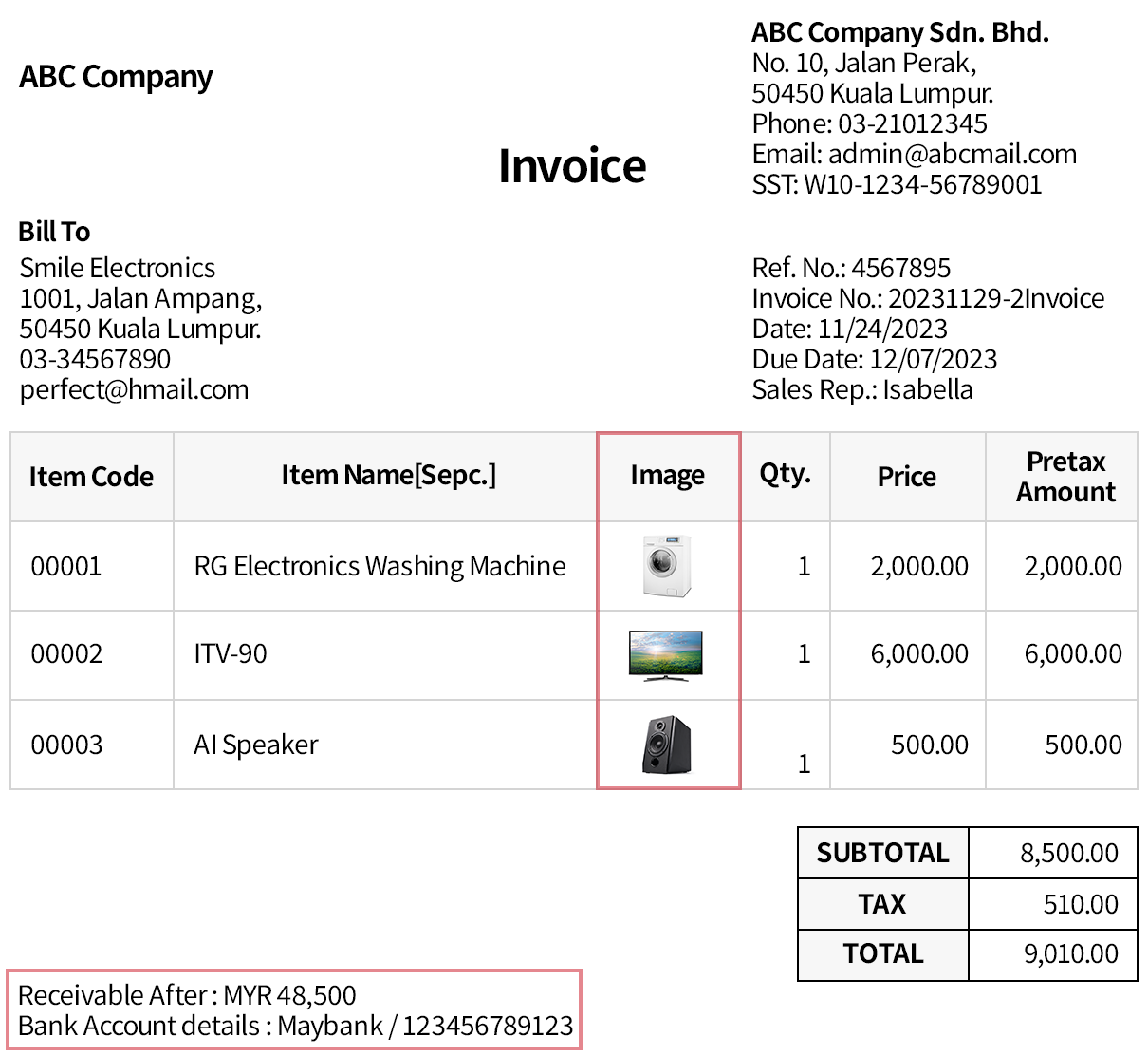Add Outstanding Receivables, Account Numbers, and Images to the Invoice