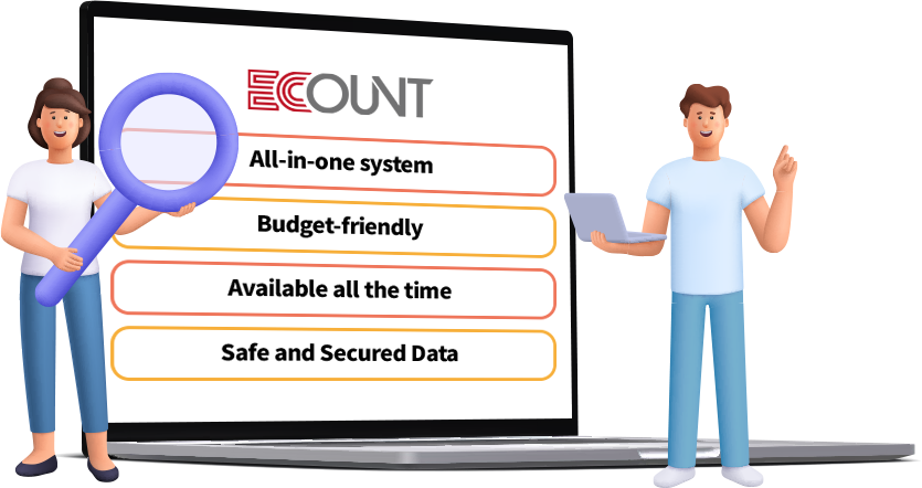 Illustration of ECOUNT ERP features shown on a laptop, highlighting cost-effective solutions, secure data storage, full company functions, and accessibility.