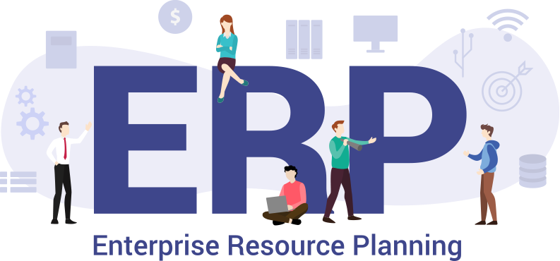 ERP system illustration showing integrated business functions like finance, HR, and analytics