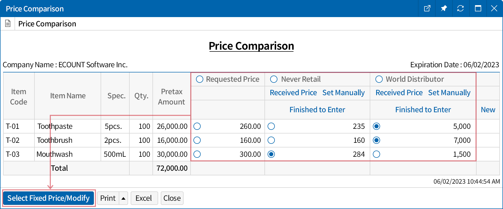 Compare the quote of each vendor at a glance
