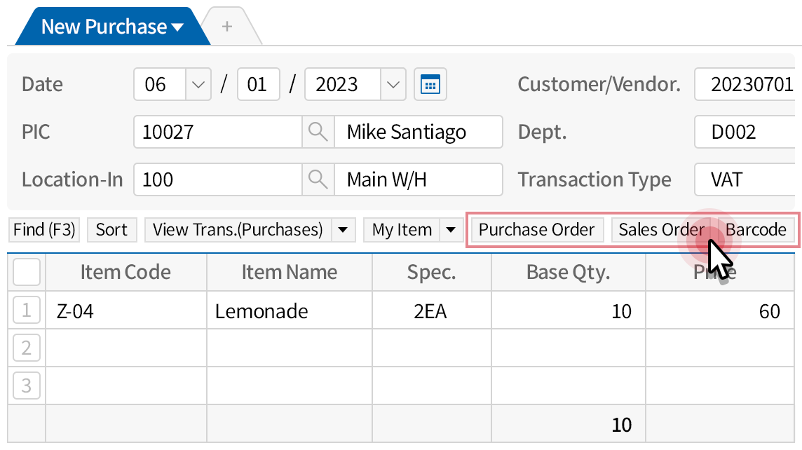 Various ways to input Purchase