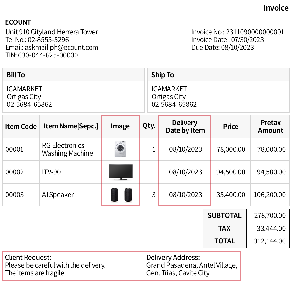 Add Image, Delivery Date, Requests, Address