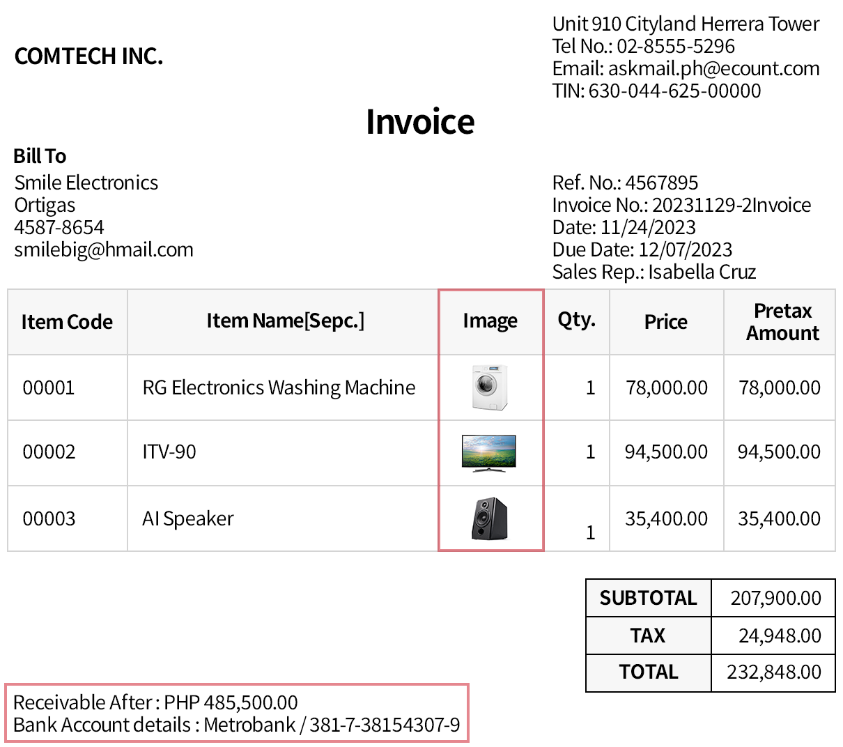 Adding the receivable, bank account, and image of item