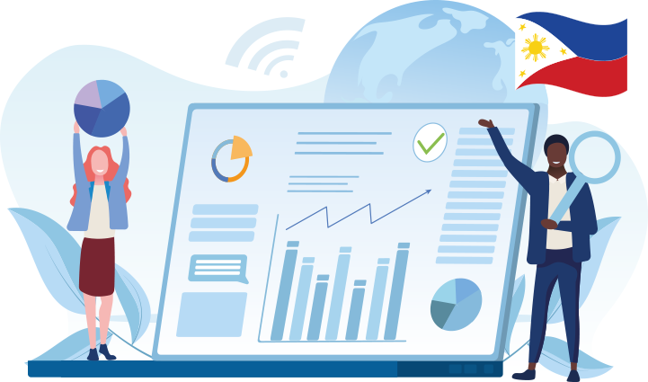 Illustration of a Filipino accountant analyzing financial reports on a computer dashboard with peso symbols, tax documents, Philippine flag, and security shield, representing accounting software in the Philippines.