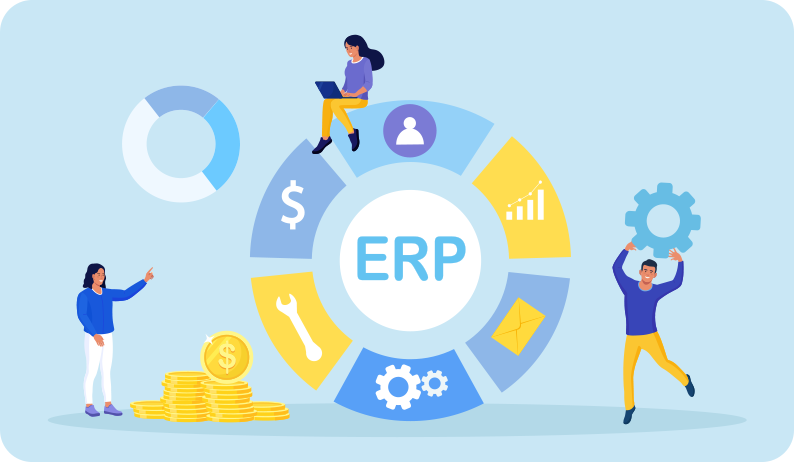 Illustration of ERP software dashboard showing finance, inventory, sales, purchasing, manufacturing, and HR modules managed from a centralized business system.