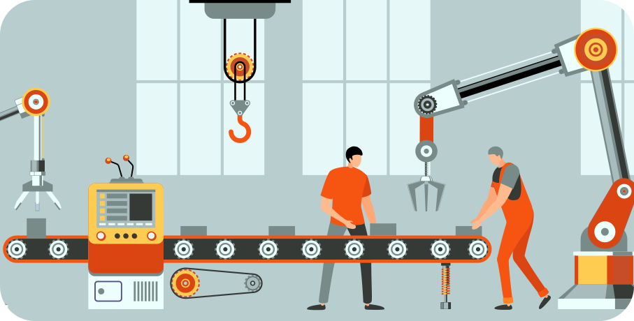 Manufacturing management system illustration showing factory workers using digital dashboards, and automated production monitoring in a modern manufacturing facility.