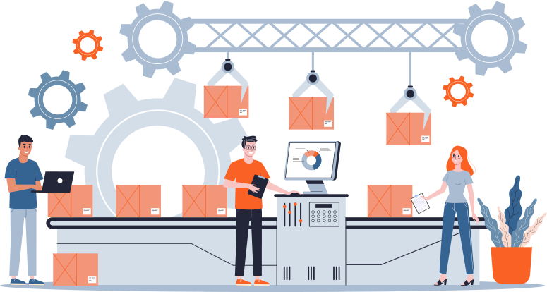 Illustration of a manufacturing management system showing factory operations, production management, automation, robotic arms, conveyor belts, inventory tracking, and business growth analytics.