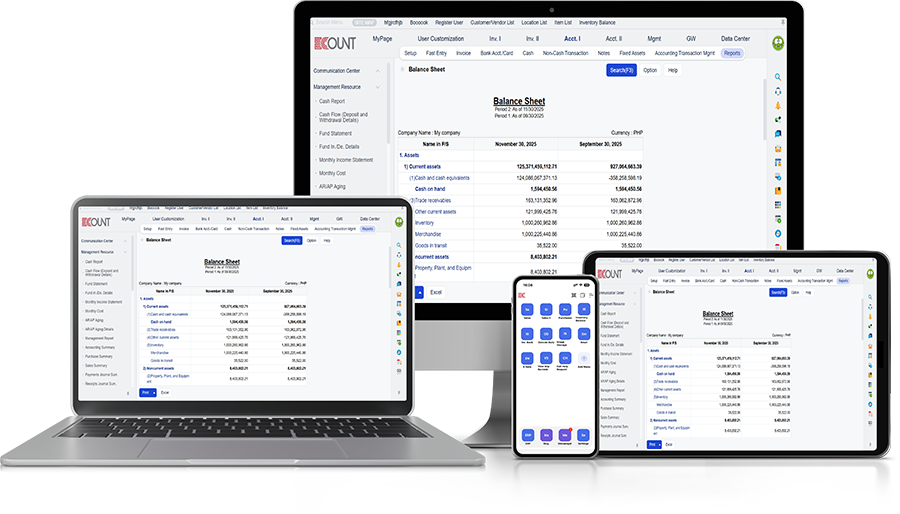 ECOUNT online accounting software interface showing balance sheet on desktop, laptop, and mobile.