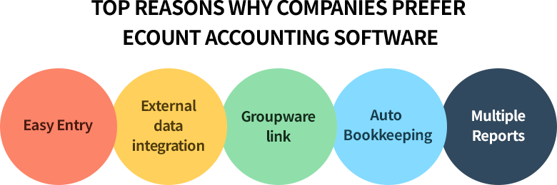Feature icons showing an accounting workflow with data entry, integrations, groupware, auto bookkeeping, and financial reports.