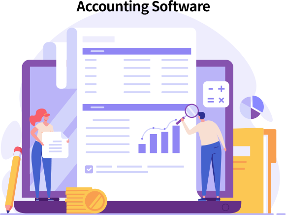 Illustration of accounting software with charts, calculator, invoices, payments, and financial management tools.