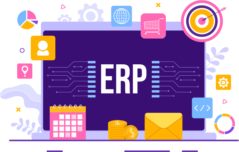 Employees using ERP software on a computer to manage business operations