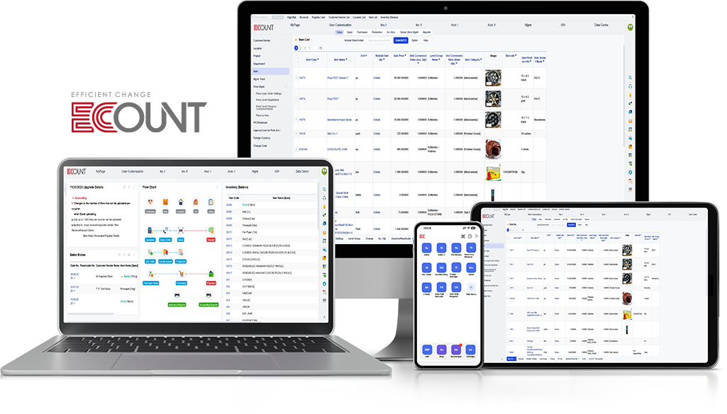 : ECOUNT ERP displayed on multiple devices, which is affordable cloud-based ERP solution with integrated business functions