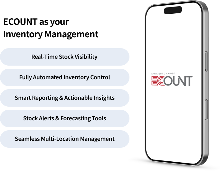 ECOUNT inventory management system interface showing features like real-time stock visibility, automated inventory control, smart reporting, forecasting tools, and multi-location management