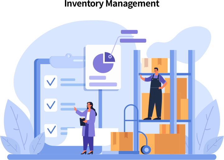 Three business professionals collaborating around an inventory management dashboard with barcode scanning, checklist, and stock level charts.