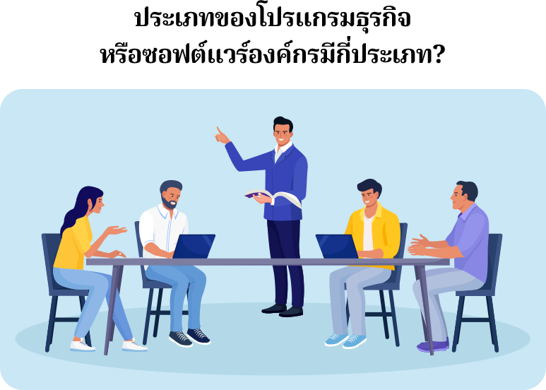 ประเภทของโปรแกรมธุรกิจหรือซอฟต์แวร์องค์กร โปรแกรมธุรกิจหรือซอฟต์แวร์องค์กร คือโปรแกรมคอมพิวเตอร์หรือชุดแอปพลิเคชันที่ถูกออกแบบมาเพื่อตอบโจทย์ความต้องการเฉพาะของแต่ละองค์กรธุรกิจ