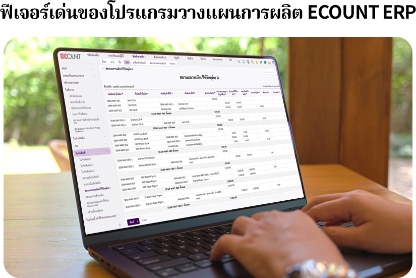 ECOUNT ERP เป็นโปรแกรมการผลิตที่ช่วยให้โรงงานเพิ่มประสิทธิภาพด้วยฟีเจอร์วางแผนการผลิต, ระบบ MRP คำนวณวัตถุดิบอัตโนมัติ, การติดตามสถานะงานแบบเรียลไทม์, การจัดการสูตรการผลิต (BOM), ควบคุมต้นทุนสินค้า และการเชื่อมโยงข้อมูลกับระบบสต็อก–จัดซื้อ–ขายอย่างครบวงจร ทำให้ลดของเสีย ป้องกันการขาดวัตถุดิบ ลดต้นทุน และช่วยให้ผู้บริหารเห็นข้อมูลการผลิตอย่างชัดเจนผ่านรายงานวิเคราะห์แบบเรียลไทม์