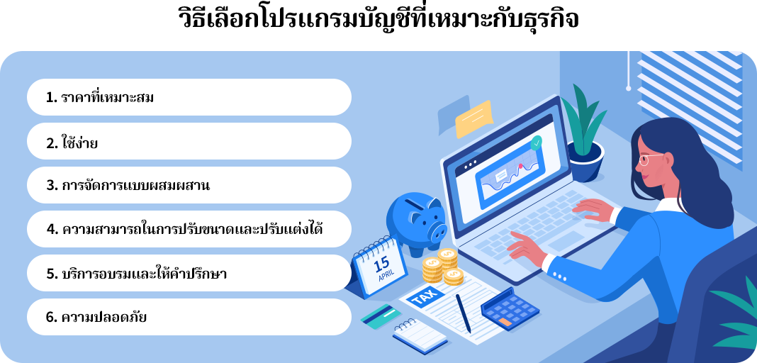 โปรแกรมบัญชี (Accounting Software) วิธีเลือกโปรแกรมบัญชีที่เหมาะกับธุรกิจ ราคาที่เหมาะสม ,  ใช้ง่าย ,  การจัดการแบบผสมผสาน ,  ความสามารถในการปรับขนาดและปรับแต่งได้ ,  ริการอบรมและให้คำปรึกษา , บริการอบรมและให้คำปรึกษา ,  ความปลอดภัย