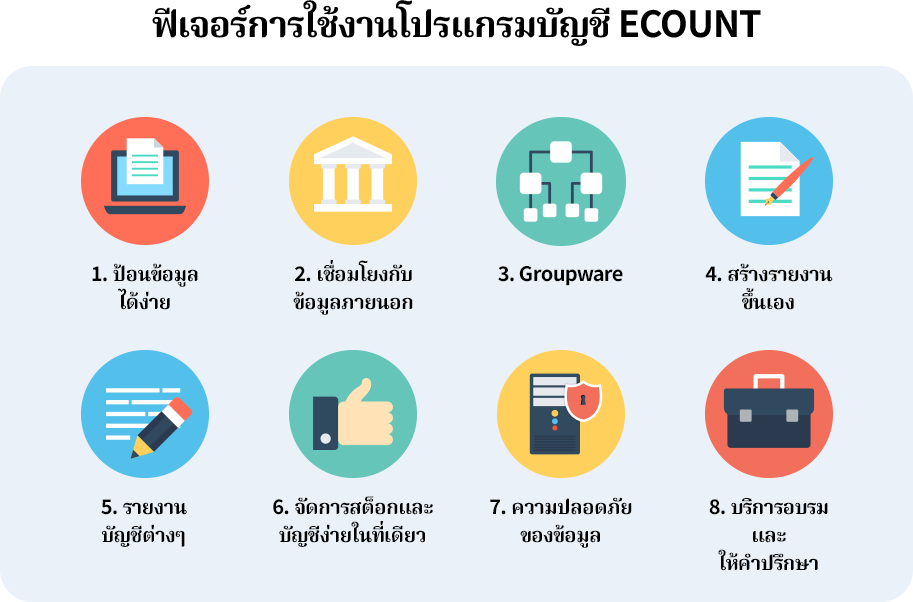 ฟีเจอร์การใช้งานโปรแกรมบัญชี ECOUNT โปรแกรมบัญชี ECOUNT มีฟังก์ชั่นพื้นฐานที่หลากหลายเพื่อให้องค์กรต่าง ๆ สามารถใช้งานได้โดย ไม่คำนึงถึงประเภทของอุตสาหกรรม/ธุรกิจความยืดหนุ่นและความสะดวก, ความคุ้มค่า,ความปลอดภัย,การอัปเดตอัตโนมัติ