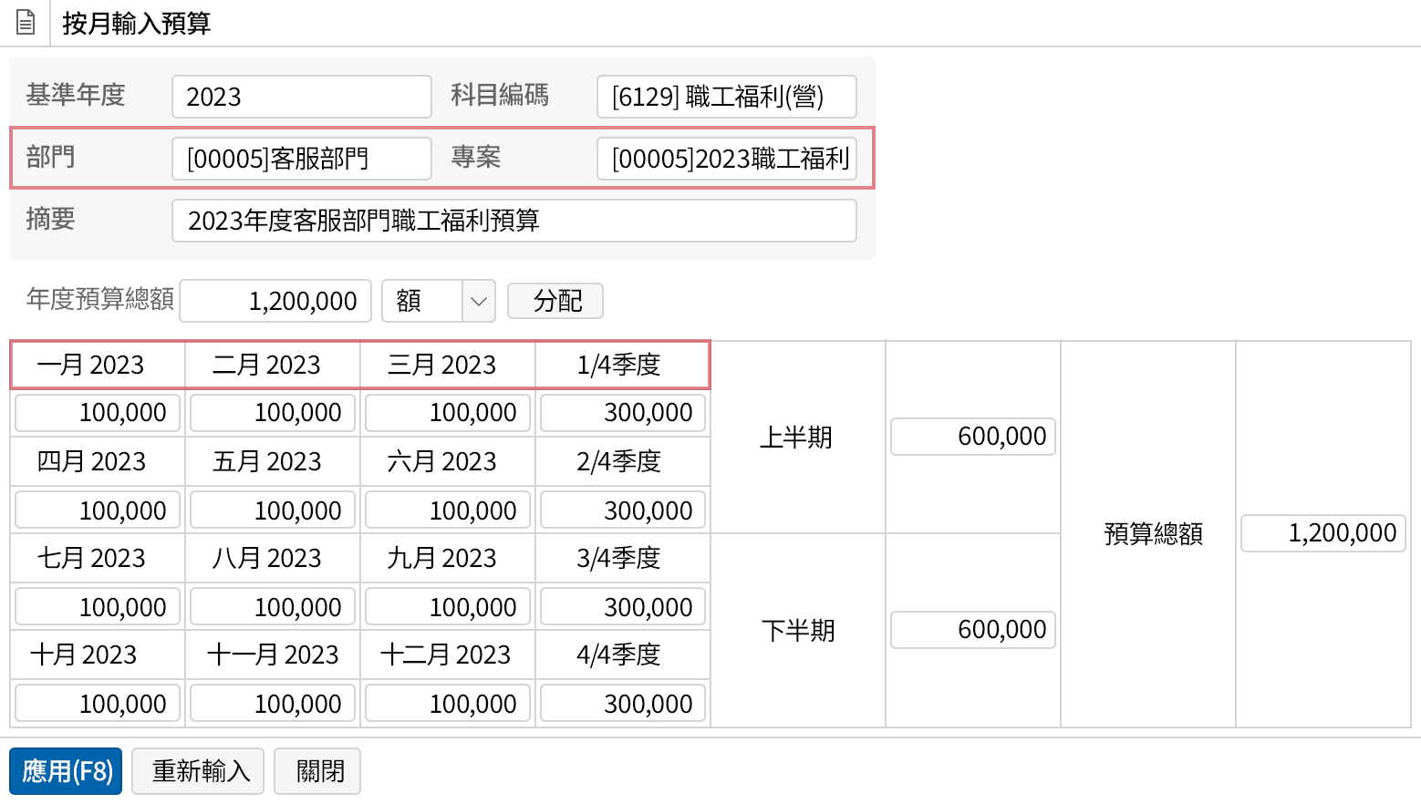 編列特定期間/月份的預算