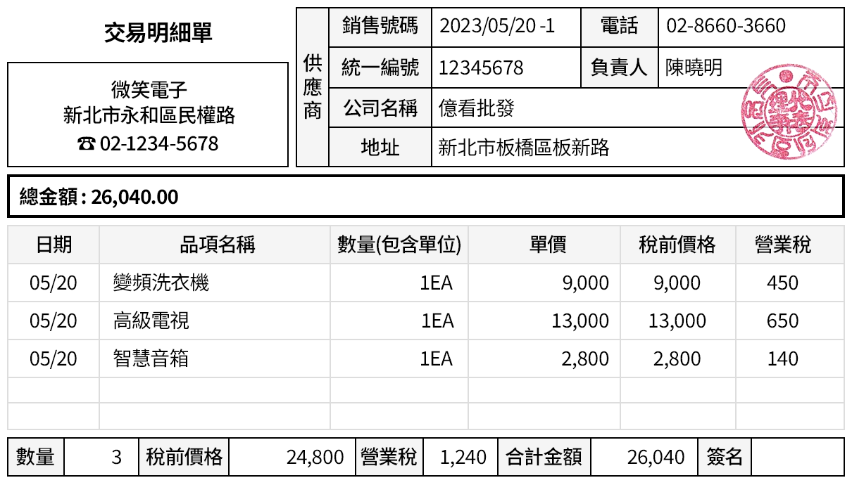交易明細單預設格式