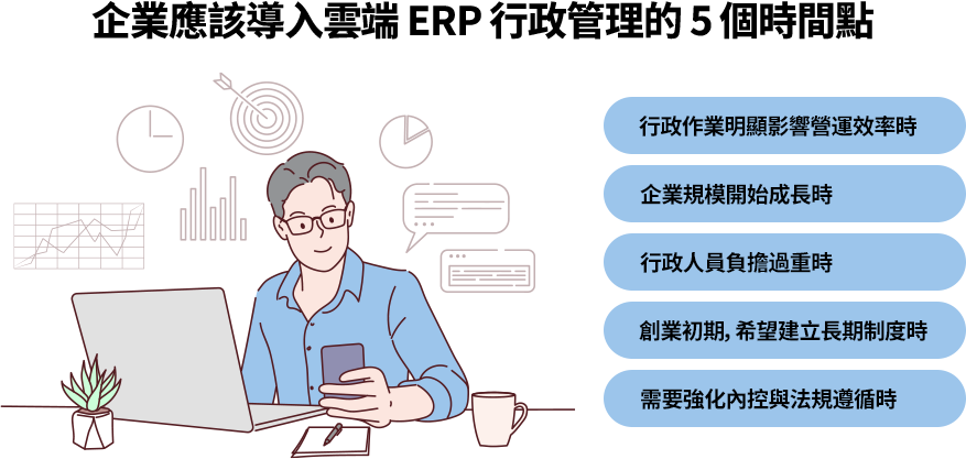 當行政流程成為瓶頸、企業成長、人力負擔過重，或需建立制度與強化法遵時，即是導入雲端ERP的關鍵時機。