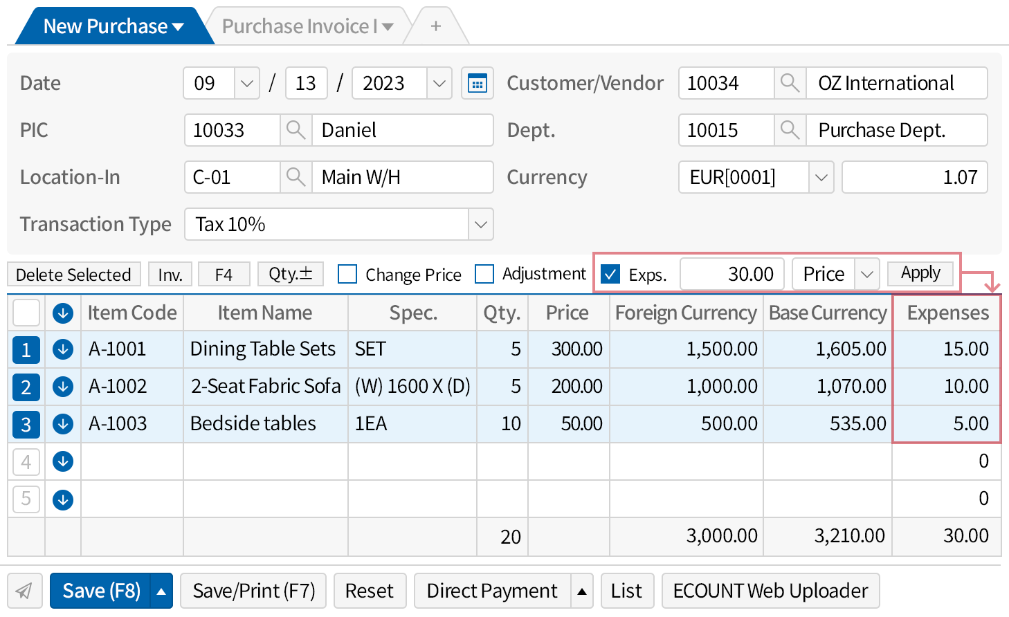 Reflect import/export expenses in the cost