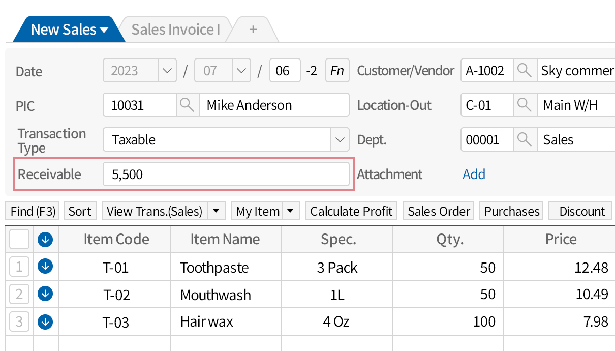 Add the receivable information on the sales input screen.