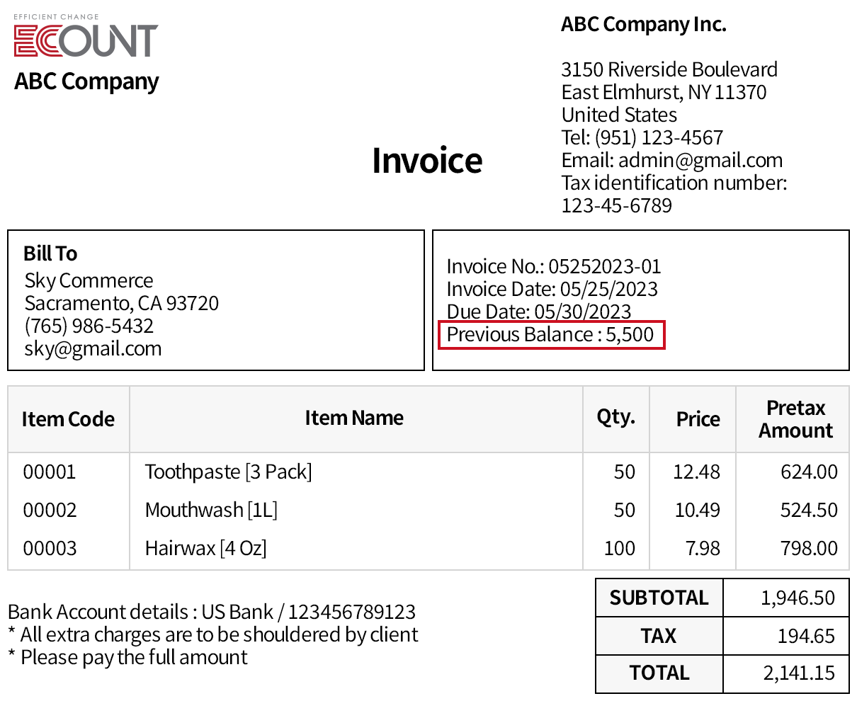 Show the receivable amount on the invoice.