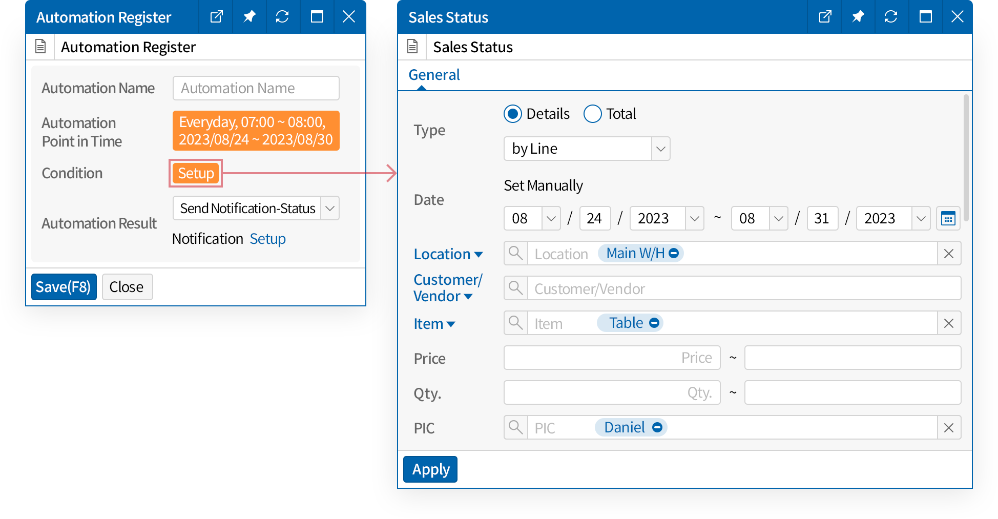 Setting up condition for automated notification