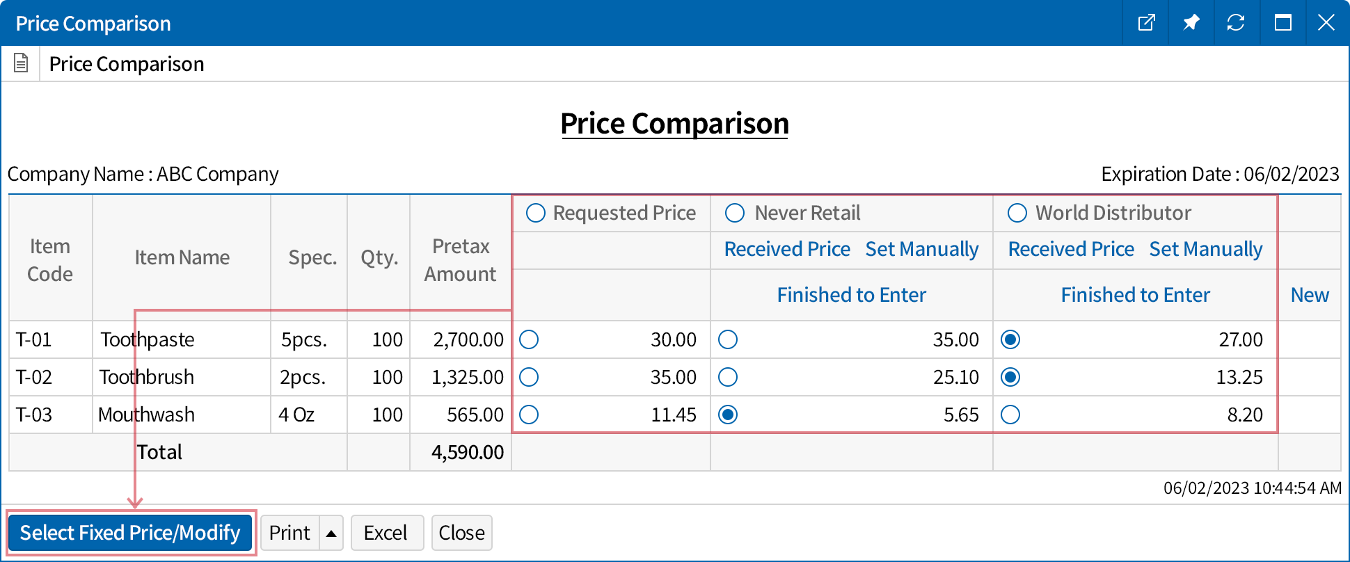 Compare the quote of each vendor at a glance