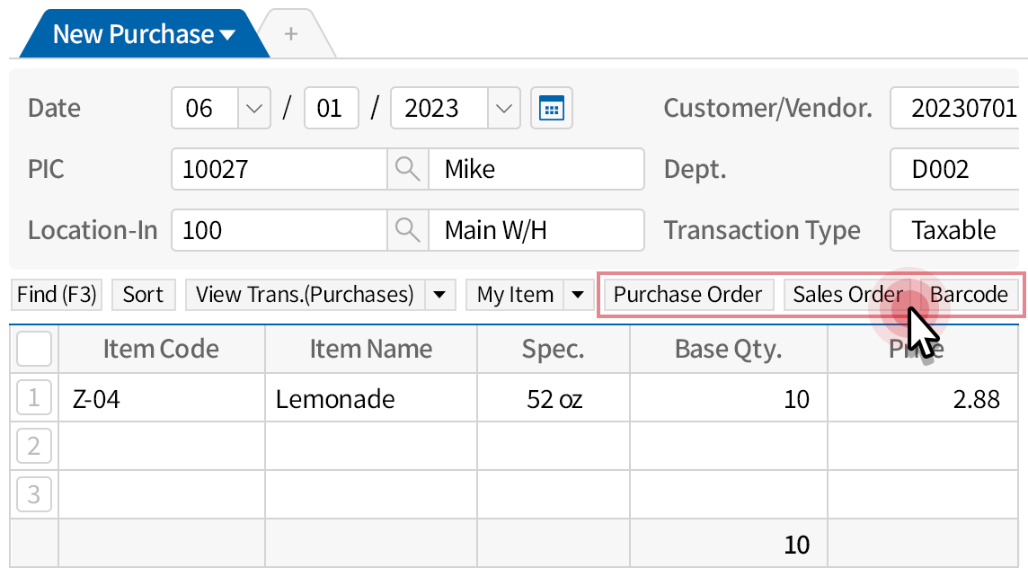 Various ways to input Purchase