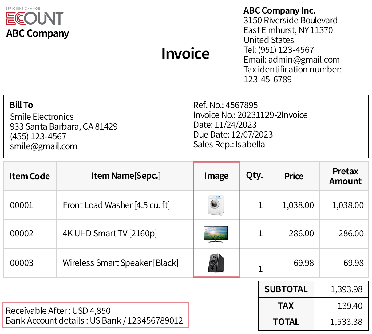 Adding the receivable, bank account, and image of item