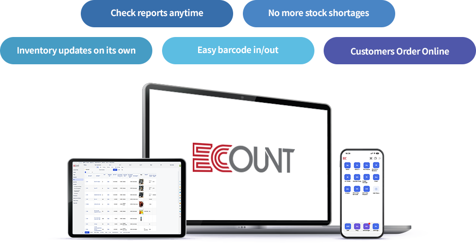 ECOUNT inventory software interface with automated stock updates, barcode in/out, and online ordering features.
