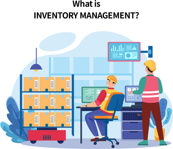 3D illustration showing a person with cardboard boxes, a clipboard labeled “Inventory,” and a megaphone, representing an inventory management system..