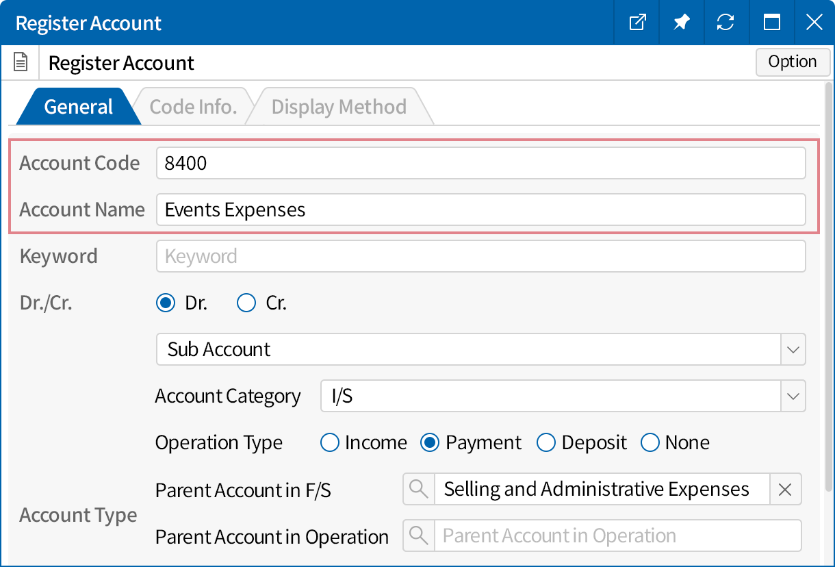 Register necessary chart of accounts