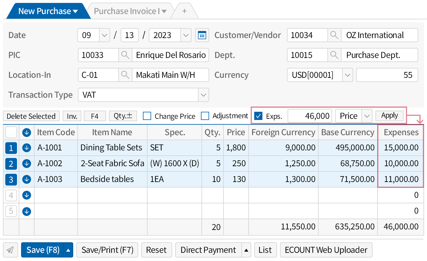 Reflect import/export expenses in the cost